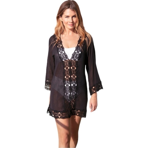 La Blanca Gauzy Cotton Island Fare V-Neck Tunic Swim Coverup in Black Size S